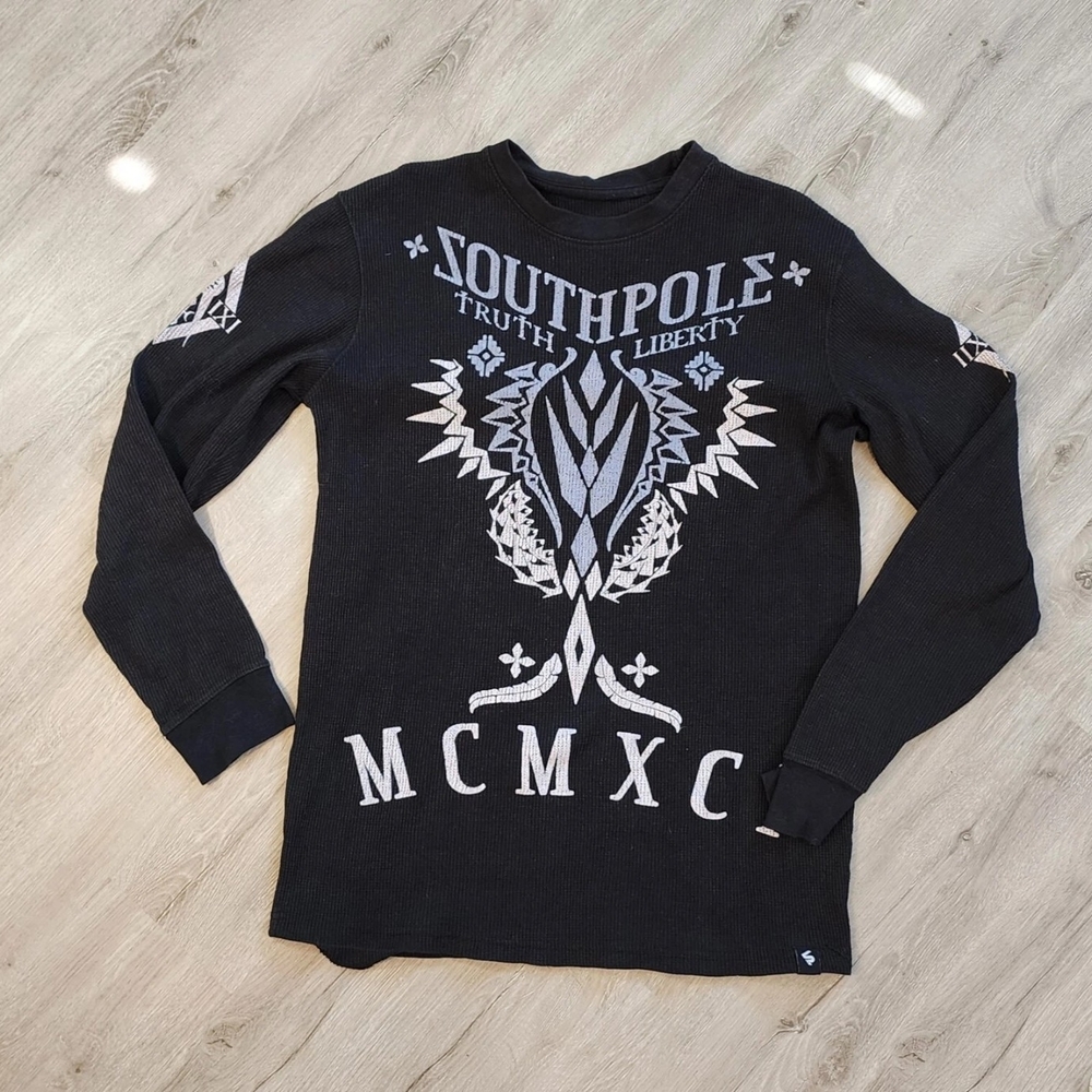 Mens 90s Y2k South Pole Black Graphic Long Sleeve Thermal Tee Size Large